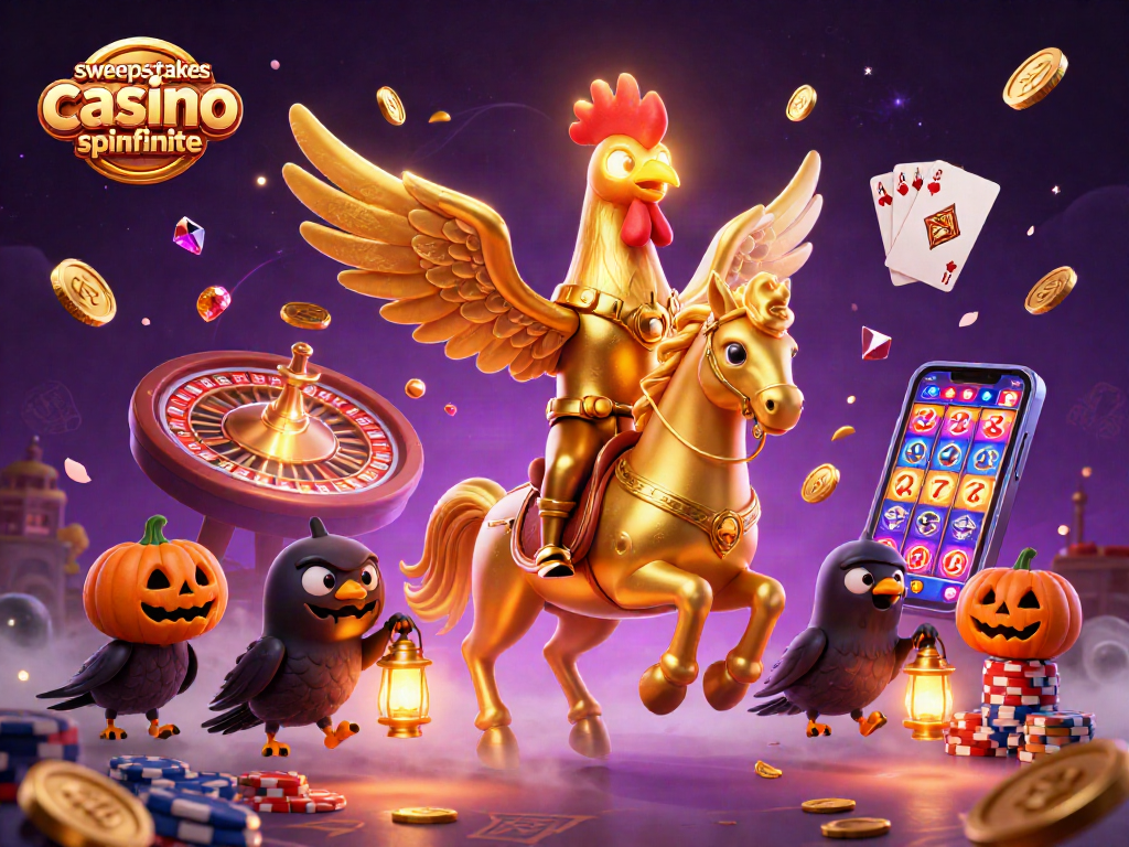 Experience casino excitement with sweepstakes casino bonus spinfinite, featuring a golden rooster and sparkling coins!