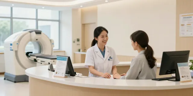 Freundliches Empfangsteam im Diagnostikzentrum Wolfsburg, das Patienten auf die benötigten Unterlagen hinweist.