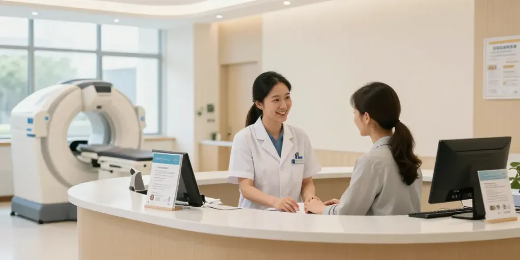 Freundliches Empfangsteam im Diagnostikzentrum Wolfsburg, das Patienten auf die benötigten Unterlagen hinweist.