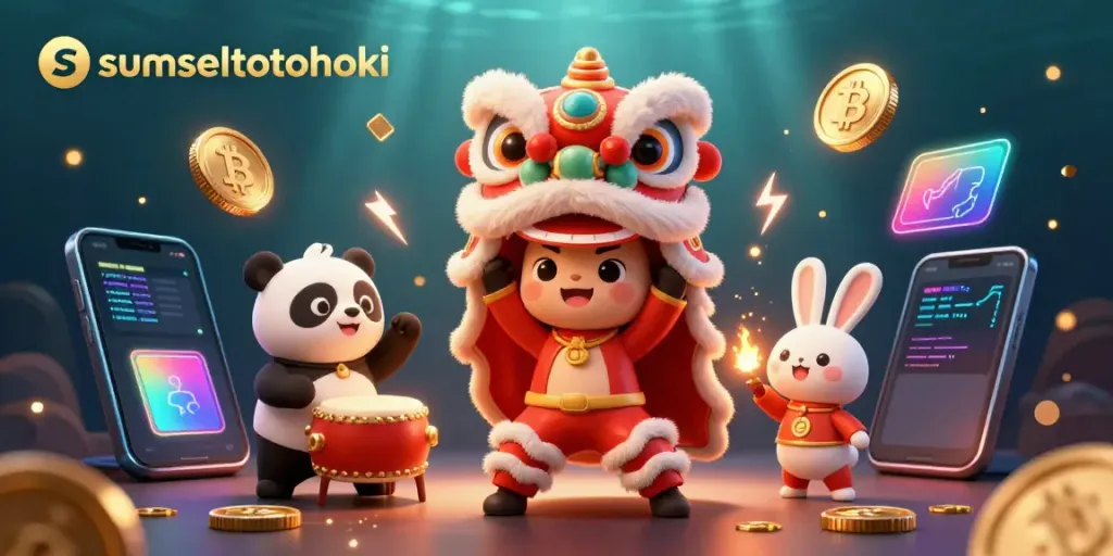 Engage with the vibrant festivities of sumseltotohoki showcasing a lion dance, illuminated by crypto-themed decorations.