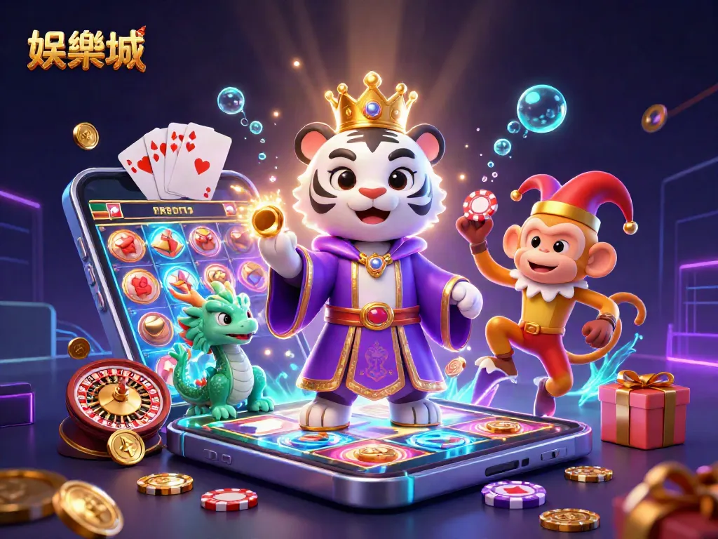 娛樂城精美插圖,白色老虎、金色猴子與活潑的翠玉龍,周圍充滿博彩元素。