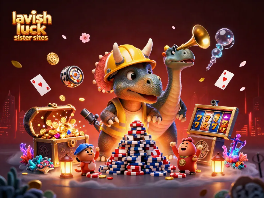 Join the fun with lavish luck sister sites as a triceratops celebrates building a poker chip pyramid.