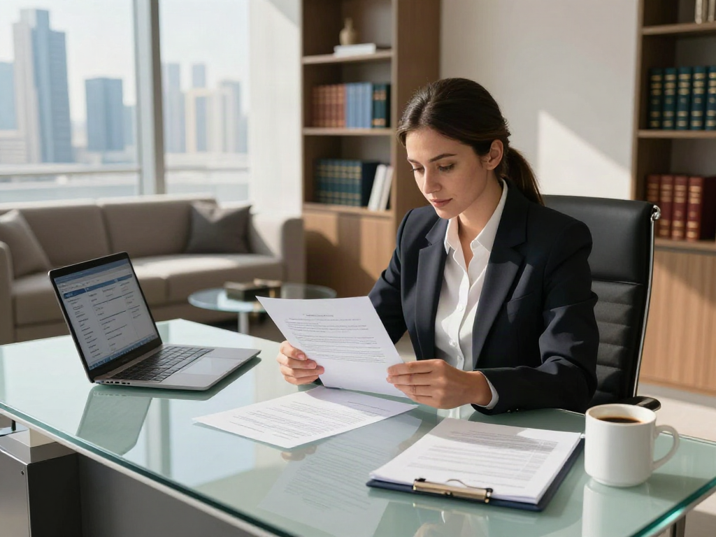 Property Lawyer Dubai Real Estate Dispute Lawyer reviewing legal documents in modern office.