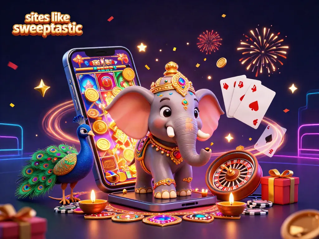 Experience the thrill of winning with sites like sweeptastic featuring vibrant casino elements and festive characters.