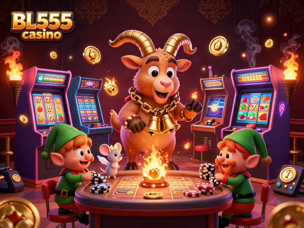 Experience the excitement of BL555 casino with festive Krampus and playful characters in a vibrant casino setting.