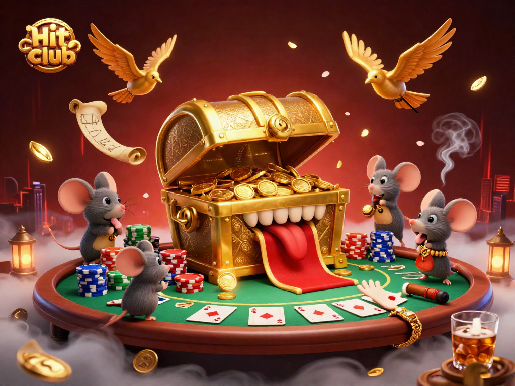 Gambling in Hit club with vibrant characters, poker elements, and a treasure chest scene.