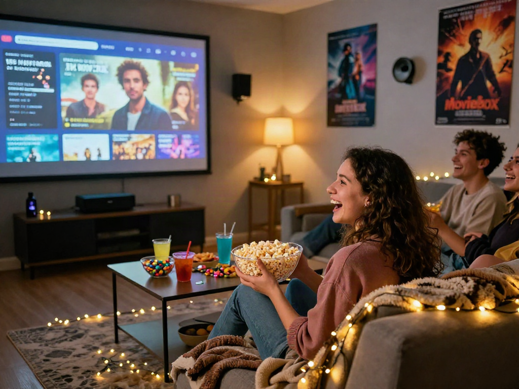 Friends enjoying a fun movie night with the Moviebox app on a big screen, surrounded by snacks and laughter.