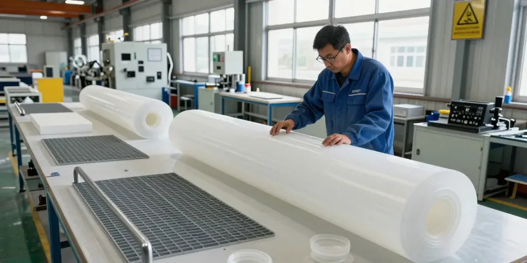 Engineered Composites technician inspecting GRP products in a modern manufacturing facility