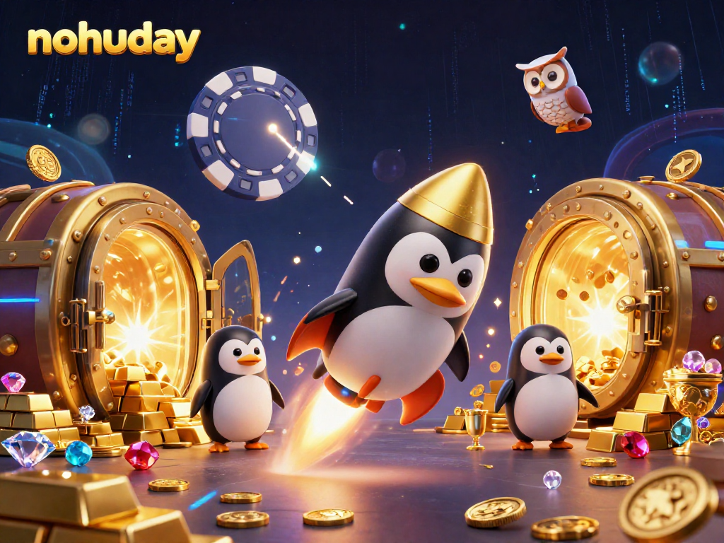 Join the fun with nohuday as the golden penguin heads to the casino, surrounded by treasures!
