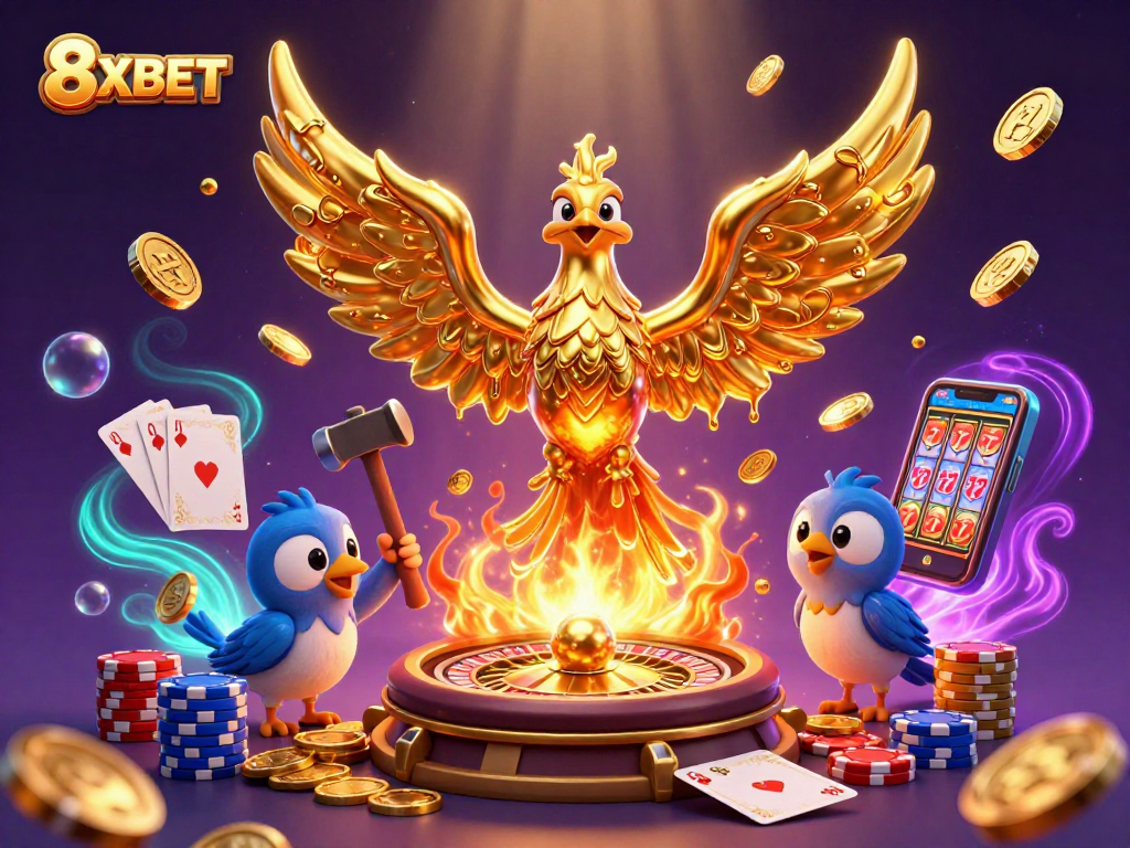 Experience immersive gaming at 8XBET with a dynamic illustration of a golden phoenix and casino elements.