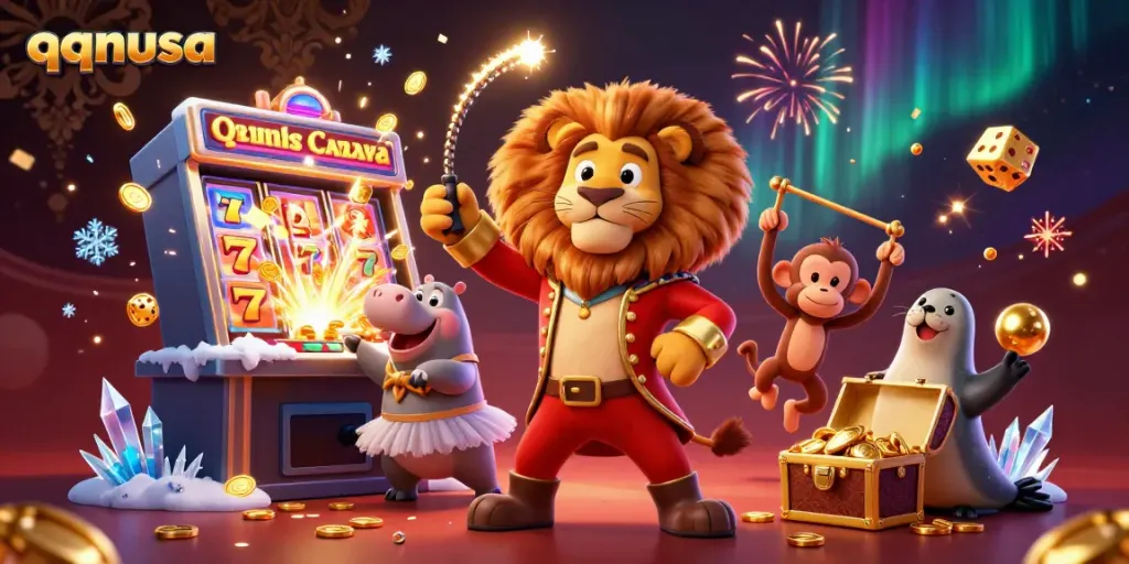 Experience thrilling gaming at qqnusa with a vibrant 3D circus-themed casino illustration showcasing dynamic characters and iconic symbols.