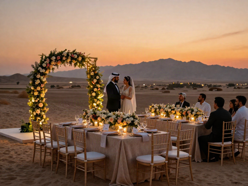 Outdoor wedding setup showcasing event rental ksa services with beautifully decorated floral arch and elegant table settings.