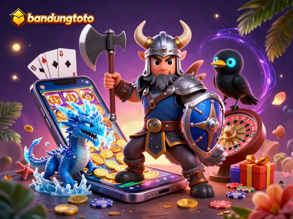 Spin to win with bandungtoto featuring a Viking warrior, dragon, and casino elements.