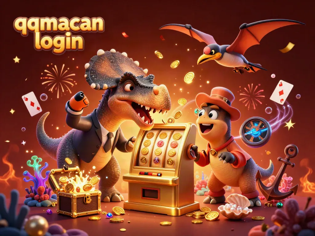 Engage with thrilling jackpots at QQMacan login, featuring a dinosaur and casino chaos.