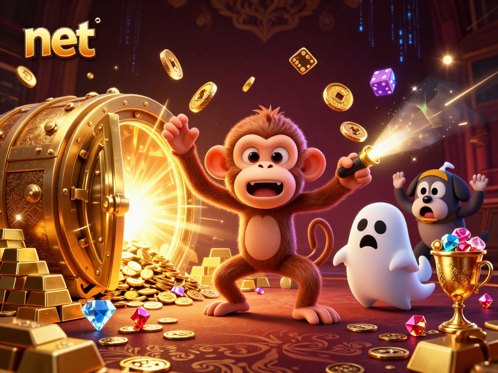 Join the net adventure with a playful poltergeist monkey and curious puppy in a vibrant casino