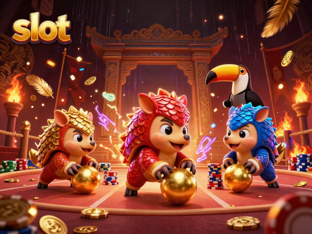 Engage with an exciting slot competition featuring rival pangolins and a dynamic casino backdrop.