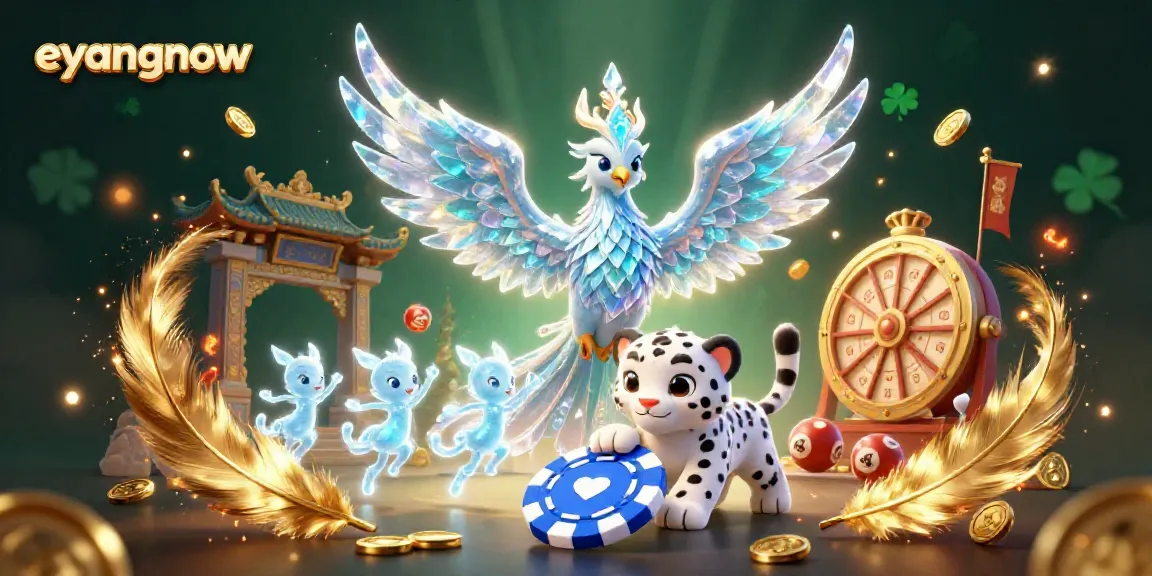 Eyangnow platform showcases vibrant lottery action featuring an ice phoenix, snow leopard, and glowing sprites.