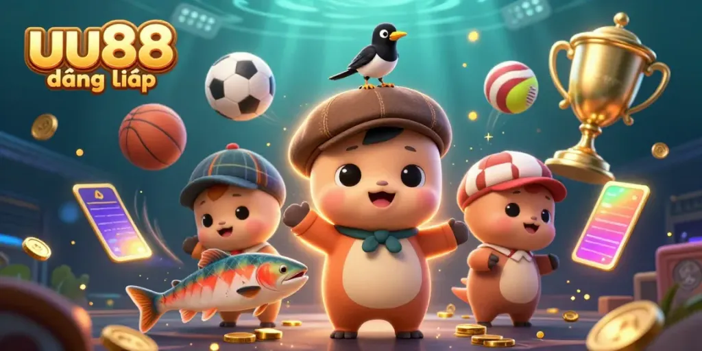 uu88 đăng nhập scene featuring playful cartoon characters and dynamic sports elements representing an exciting online casino experience.