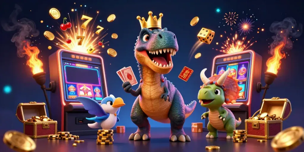 Engage with thrilling slot gameplay in this vibrant casino illustration featuring dinosaurs and dynamic game elements.