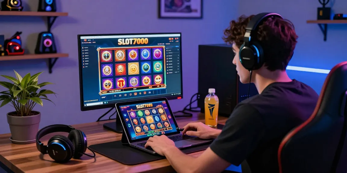 SLOT7000 online gaming experience with user engaging on laptop and tablet, showcasing vibrant slot game interface and accessories.