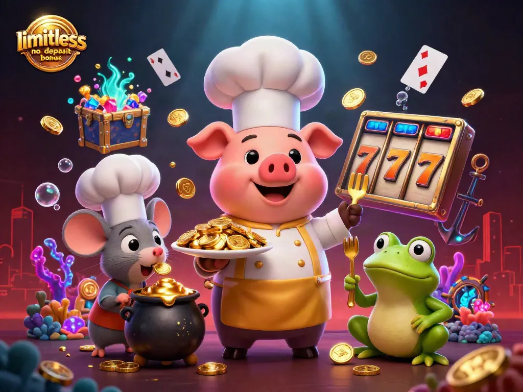 Experience the limitless no deposit bonus in a vibrant casino scene with animated characters and gold treasures.