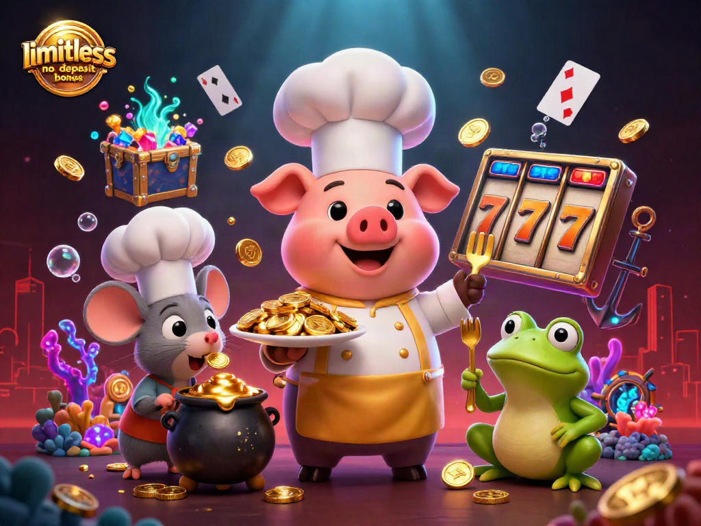 Experience the limitless no deposit bonus in a vibrant casino scene with animated characters and gold treasures.