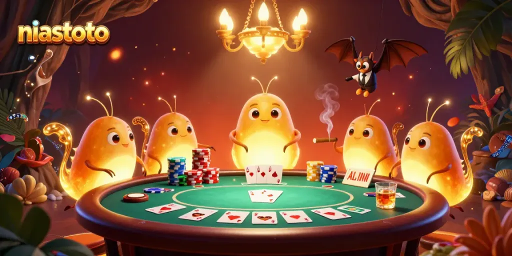Engage with niastoto in a vivid 3D casino scene, featuring glowworms lighting up a poker table.