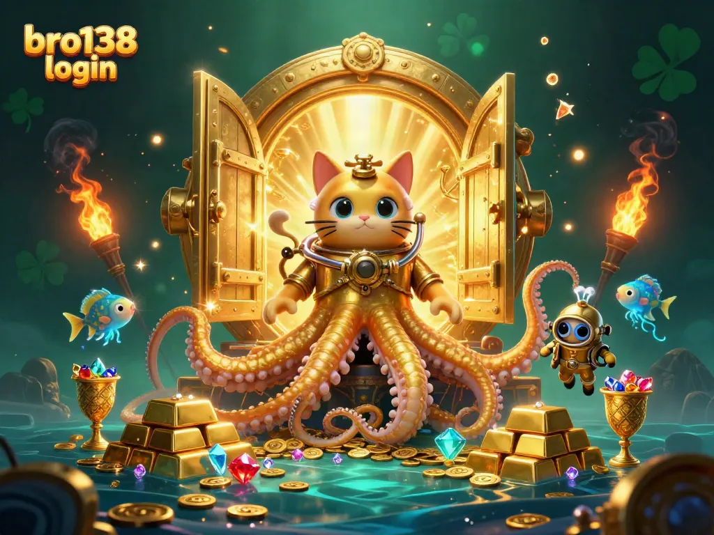 Experience the thrill of gambling with bro138 login, featuring a kraken and a diving cat among overflowing treasures.