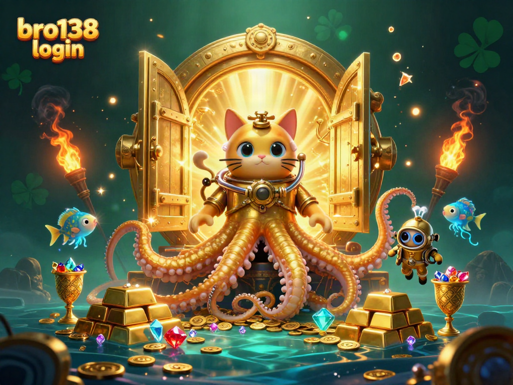 Experience the thrill of gambling with bro138 login, featuring a kraken and a diving cat among overflowing treasures.