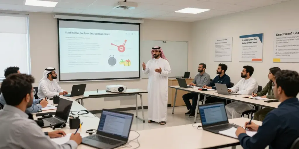 Training Institute Saudi Arabia conducting a health and safety training session, showcasing engaged professionals and modern learning environment.