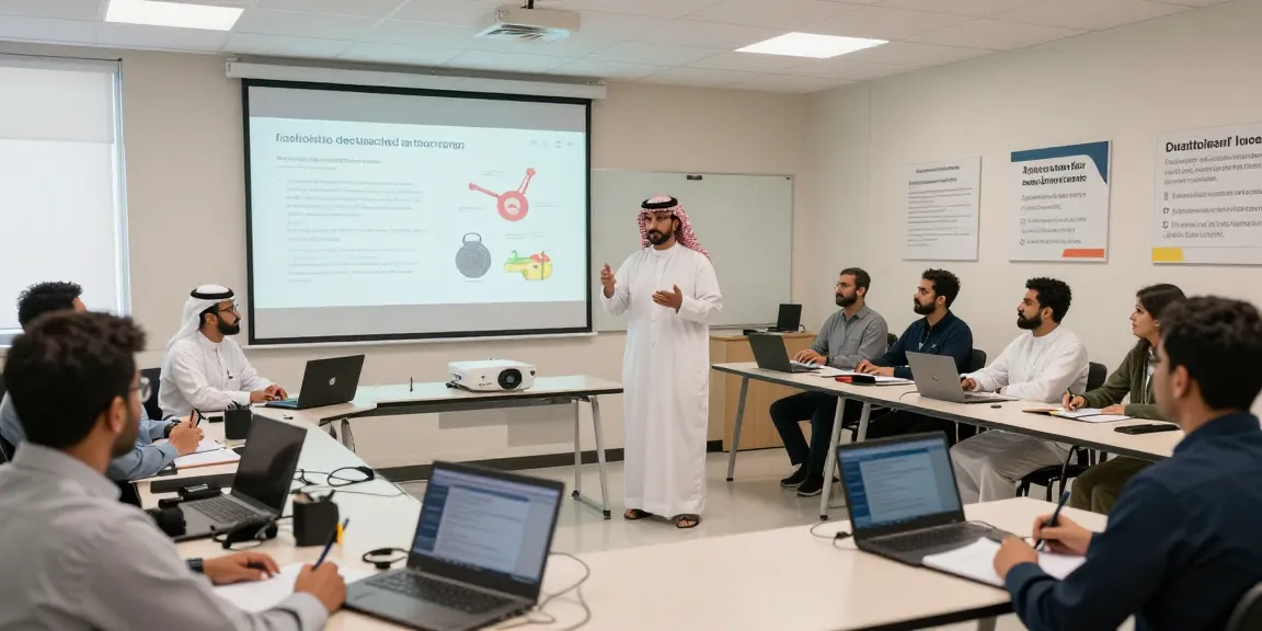 Training Institute Saudi Arabia conducting a health and safety training session, showcasing engaged professionals and modern learning environment.