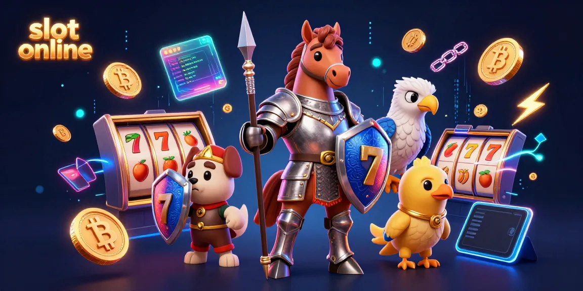 Engaging slot online-themed illustration featuring a knight, puppy, and falcon with casino elements.