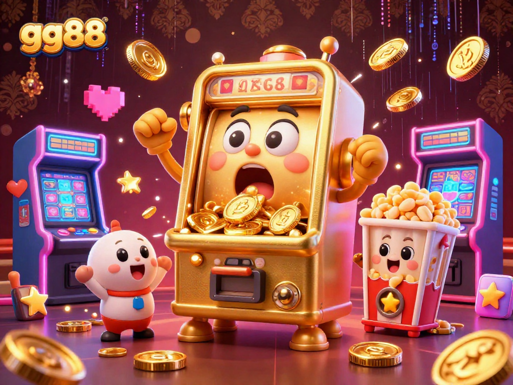 Exciting gg88 casino scene with a golden slot machine celebrating a jackpot while surrounded by festive game elements.