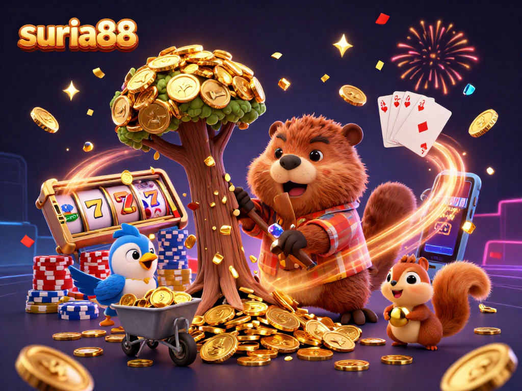 Join suria88 for thrilling online slots with gold coins raining from a beaver's tree-chopping!
