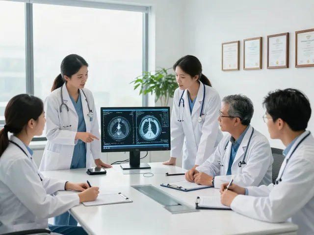 Lung cancer treatment team collaborating using advanced technology at a healthcare facility, showcasing commitment to patient care.