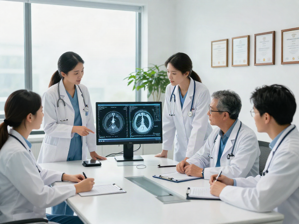 Lung cancer treatment team collaborating using advanced technology at a healthcare facility, showcasing commitment to patient care.