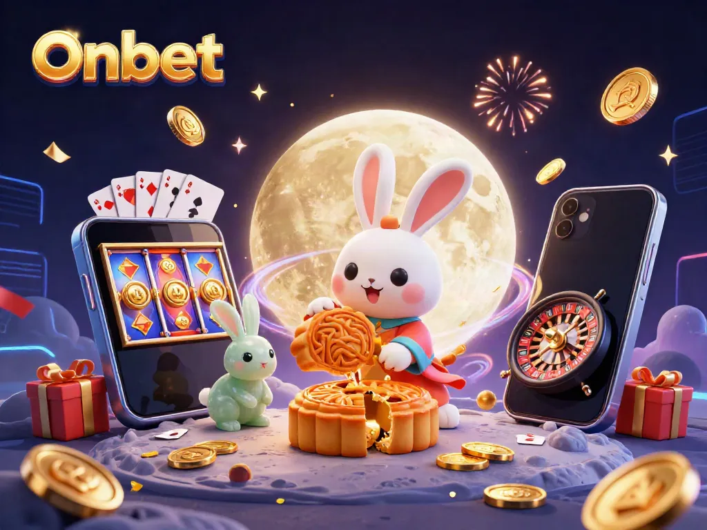 Onbet promotes stunning gaming experience with a moon rabbit cracking mooncakes revealing poker chips amidst a vibrant casino theme