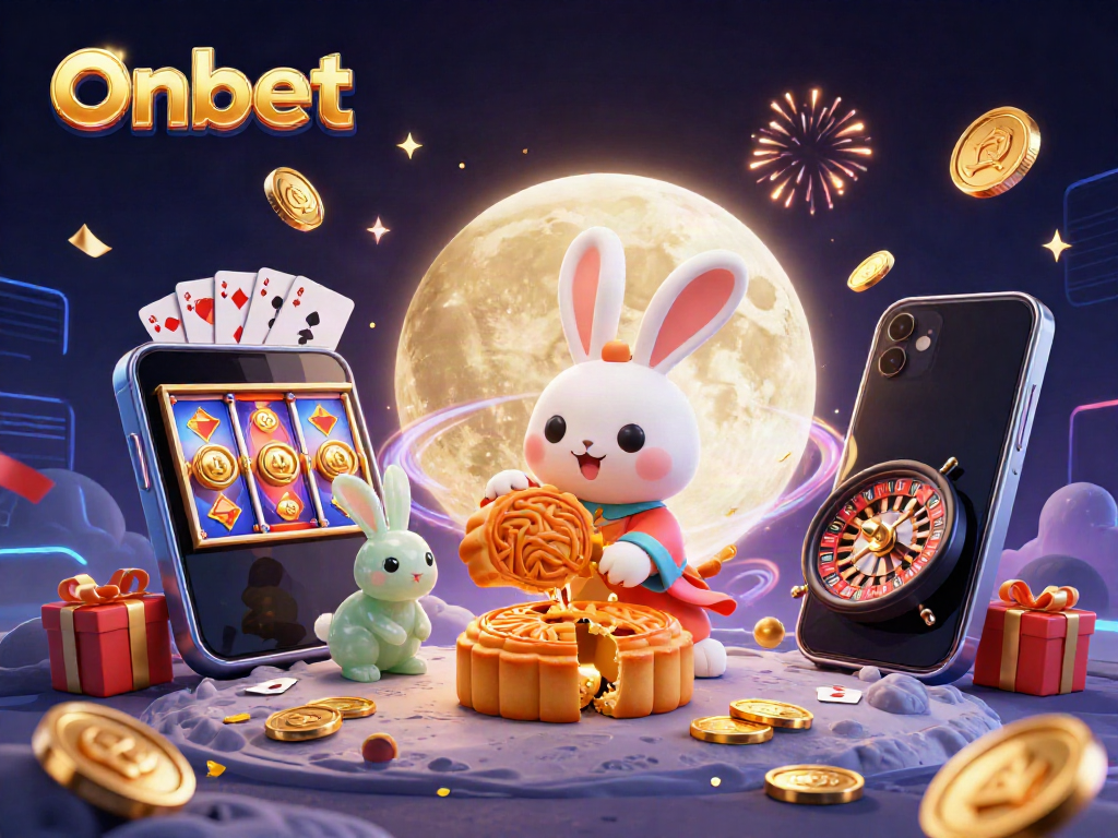 Onbet promotes stunning gaming experience with a moon rabbit cracking mooncakes revealing poker chips amidst a vibrant casino theme