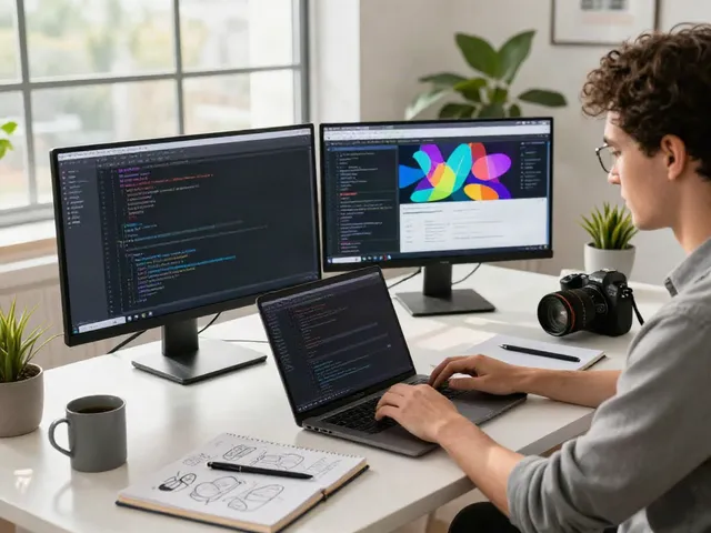 This page showcasing a developer coding in a modern workspace.