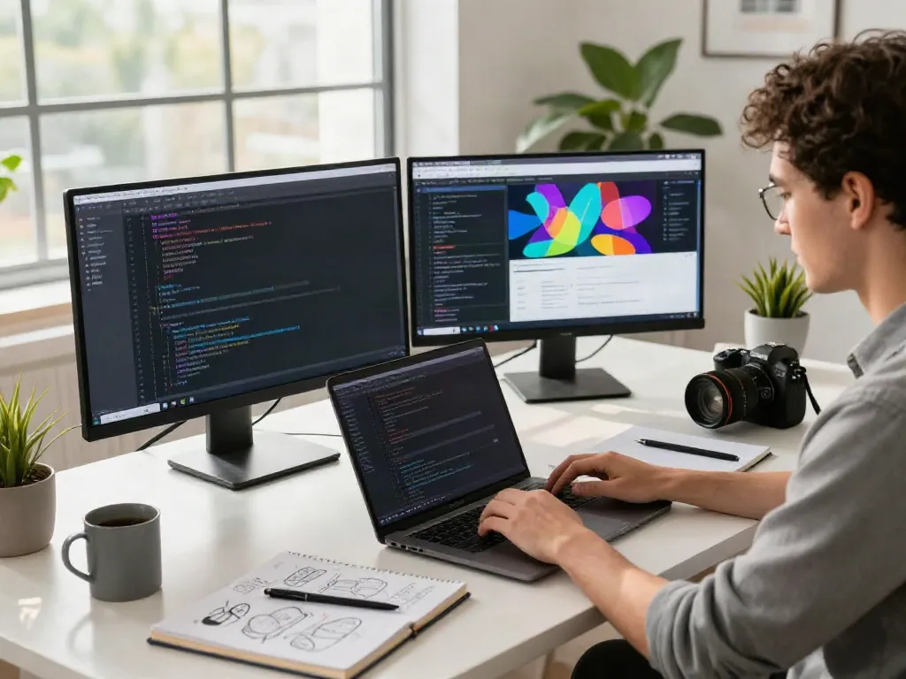 This page showcasing a developer coding in a modern workspace.