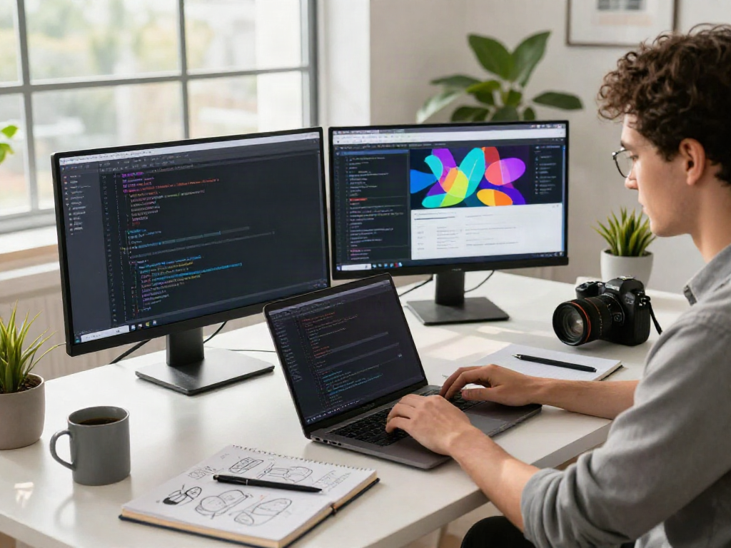 This page showcasing a developer coding in a modern workspace.
