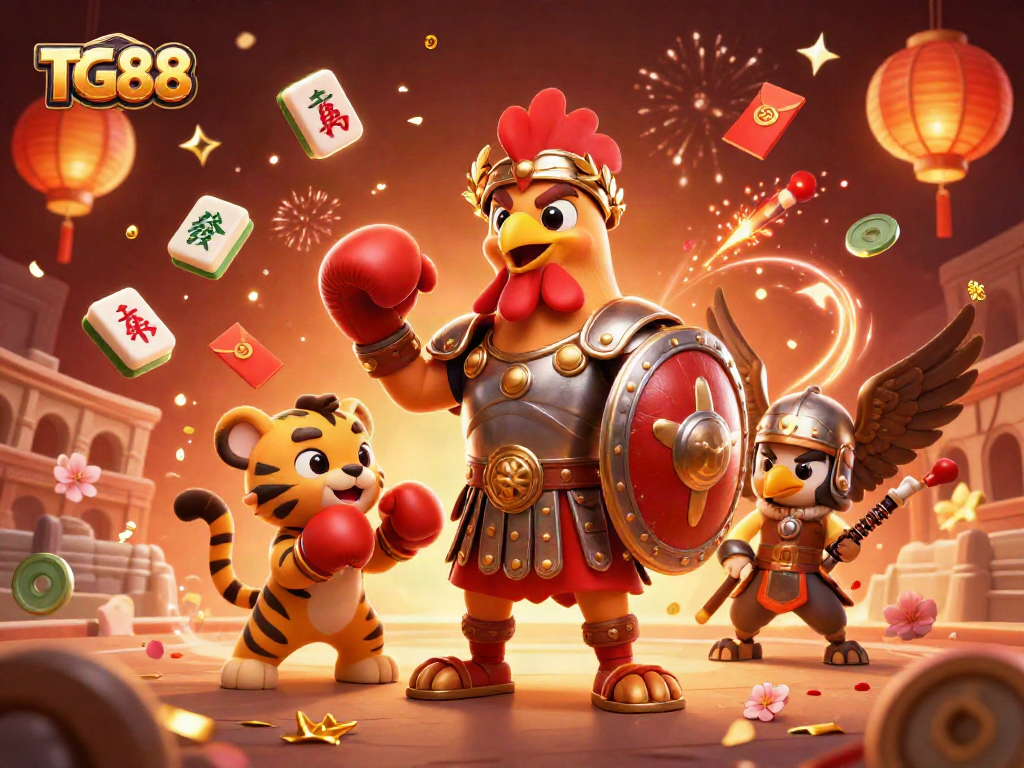 Experience the excitement of TG88 with a vibrant 3D casino illustration packed with gaming elements.