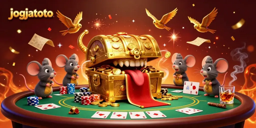 Experience thrilling riches with jogjatoto's enchanting treasure-filled cartoon casino scene.