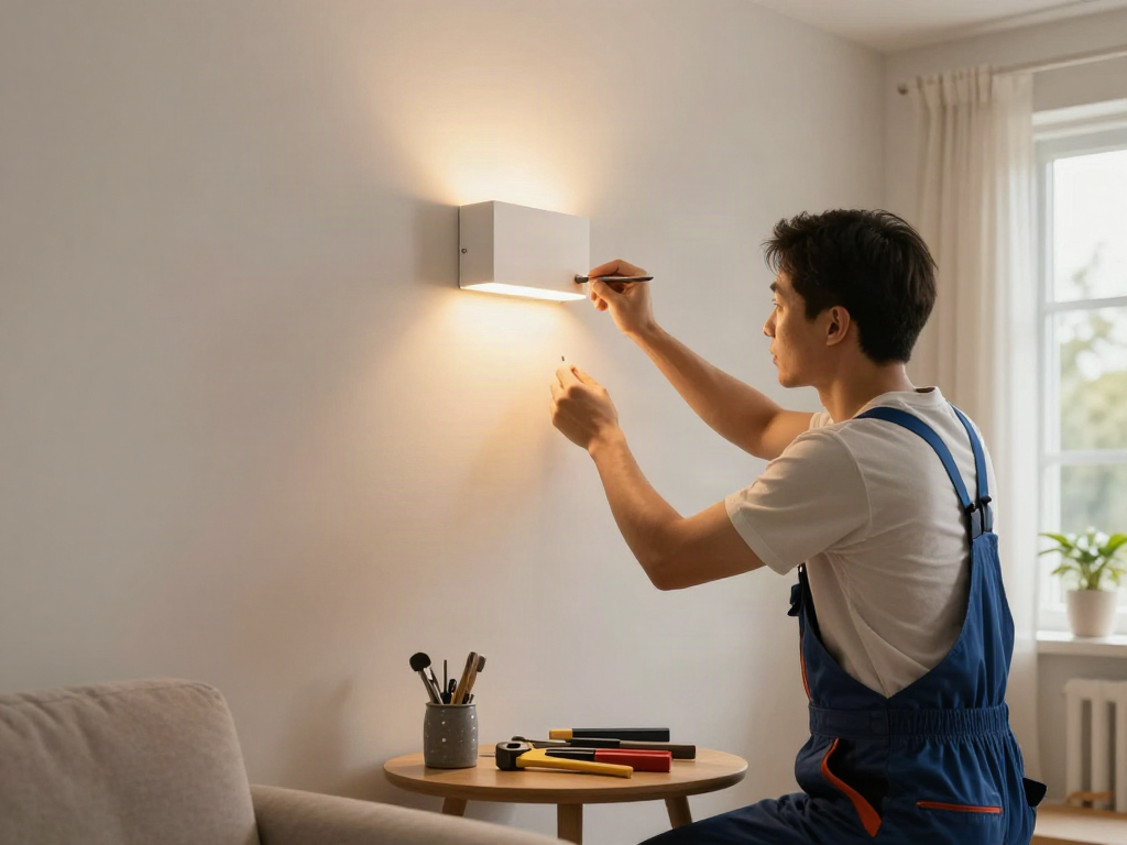 Aplica LED montată de un profesionist într-o cameră de locuit, servicii locale de încredere.