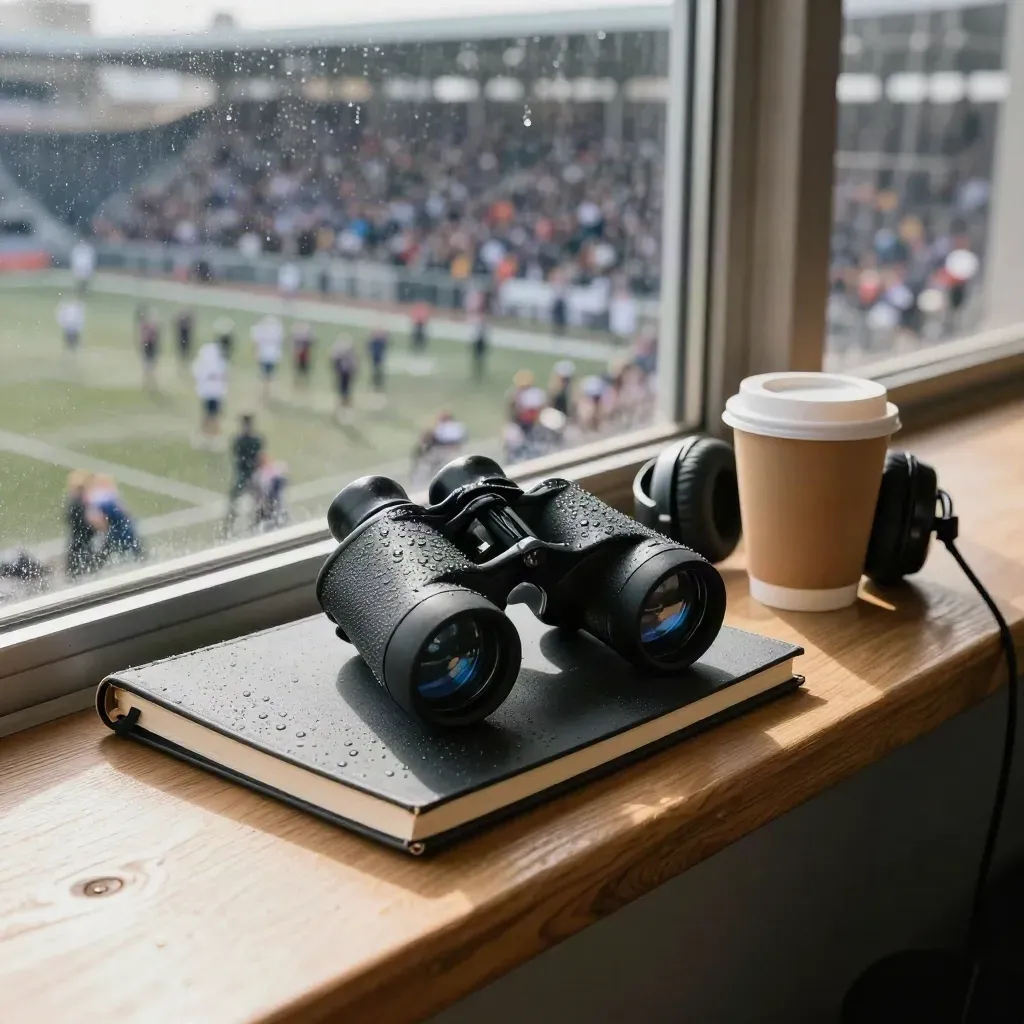 Binoculars, notebooks, headphones and a coffee cup on a fogged press-box ledge above a stadium.