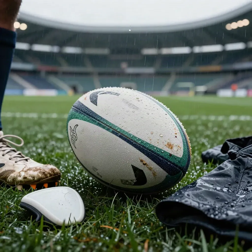 Rain-soaked rugby ball, scuffed boots, gumshield case and jacket under tunnel light on wet turf.