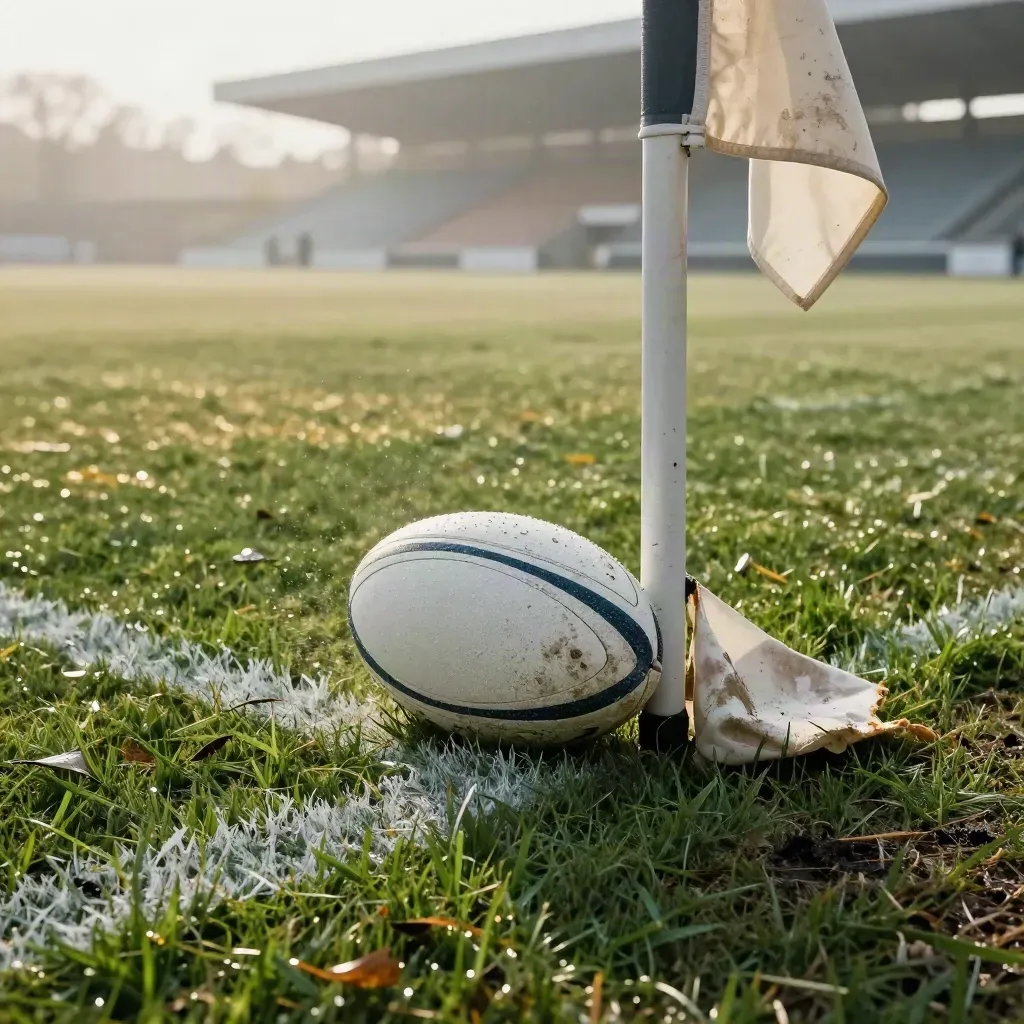 Rugby ball skids over the try line beside a corner flag and post pad in golden daylight.