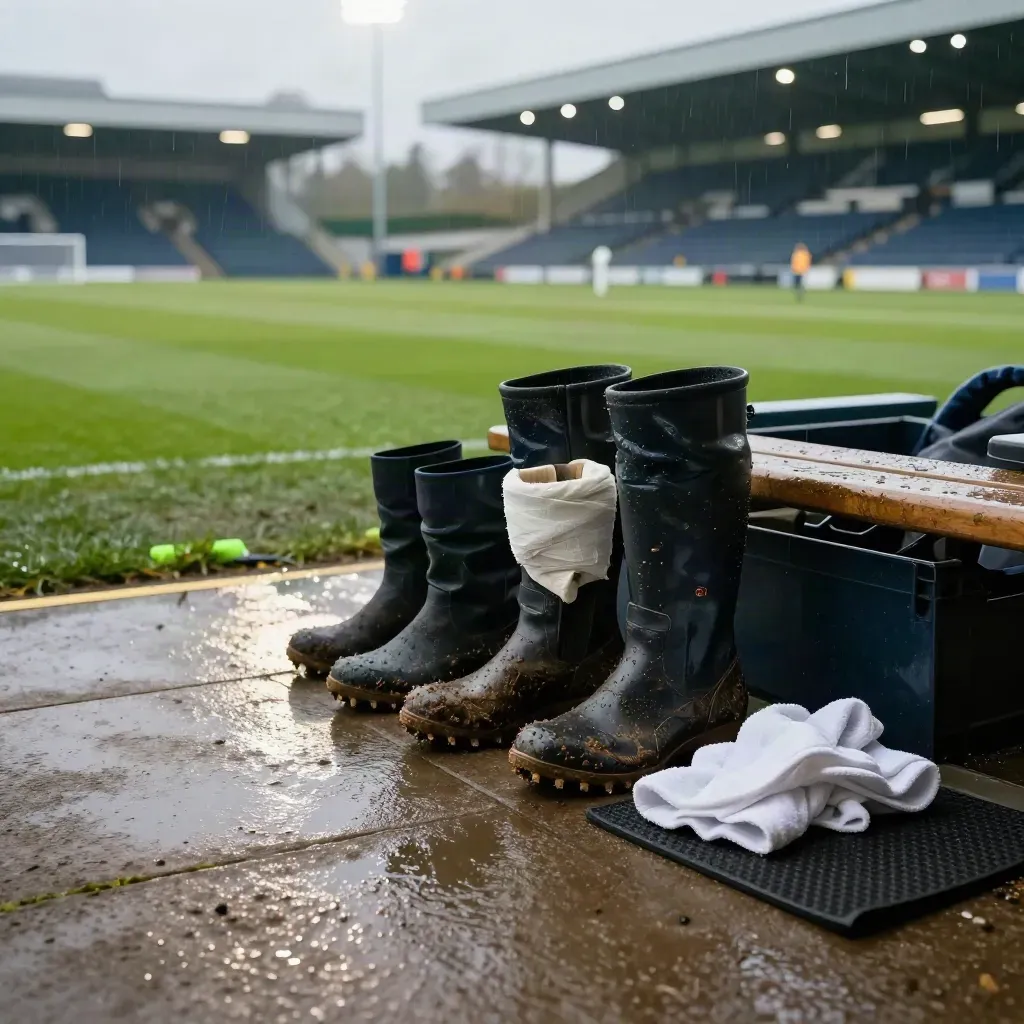 Wet rugby touchline boots, ice wraps and bench under floodlights in drizzle.