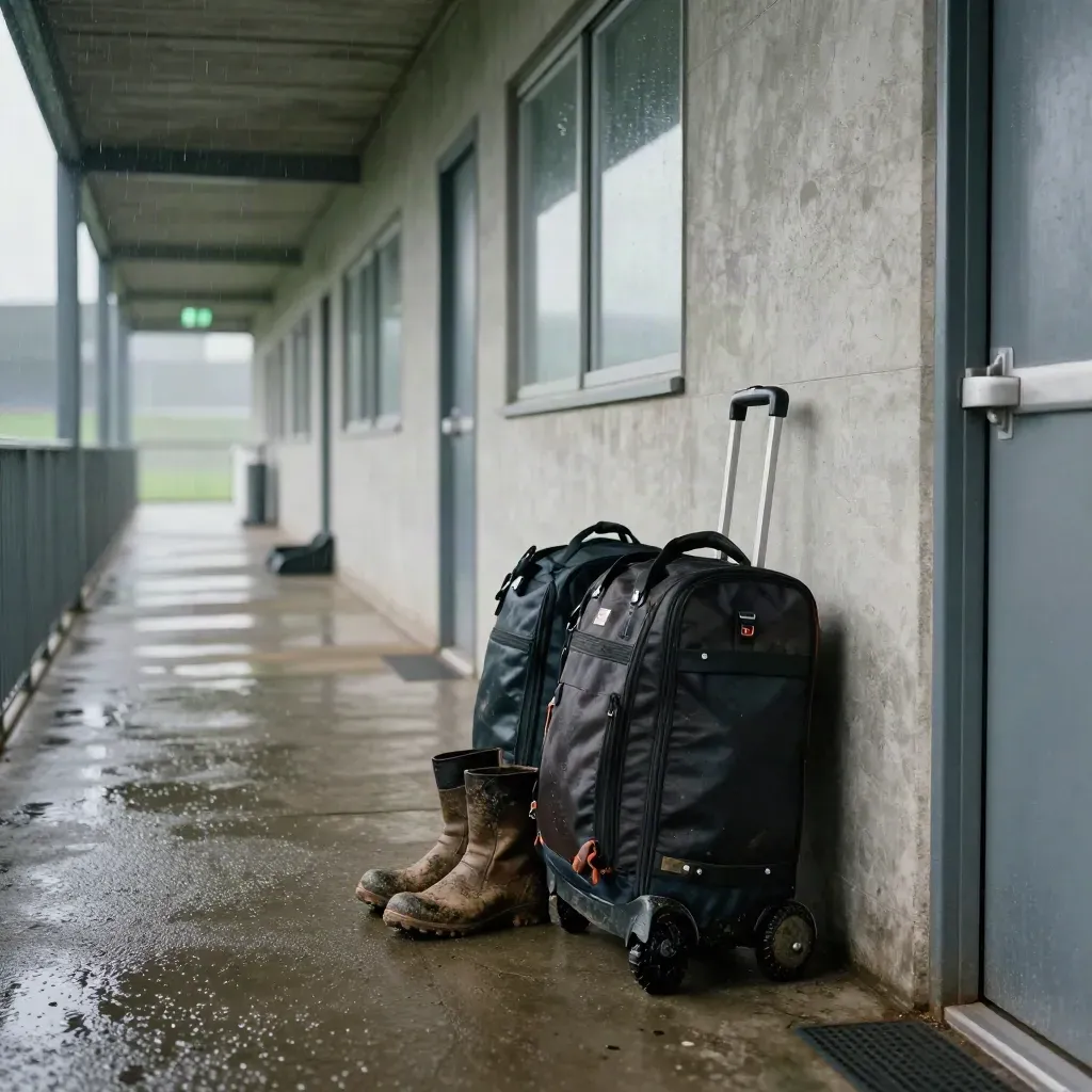 Rain-slick stadium corridor with kit bags and muddy boots lit by the exit to the stands.