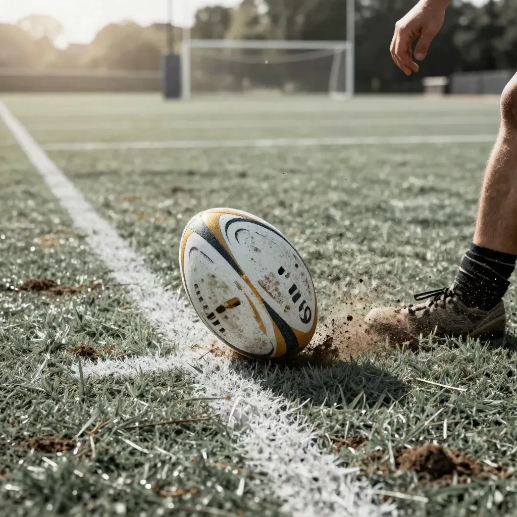 Rugby ball skimming a torn try line with turf and chalk flying under daylight.